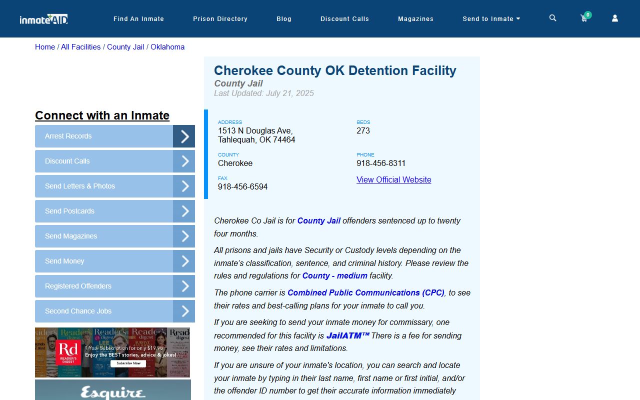 InmateAid listing for Cherokee County Jail and released inmate information