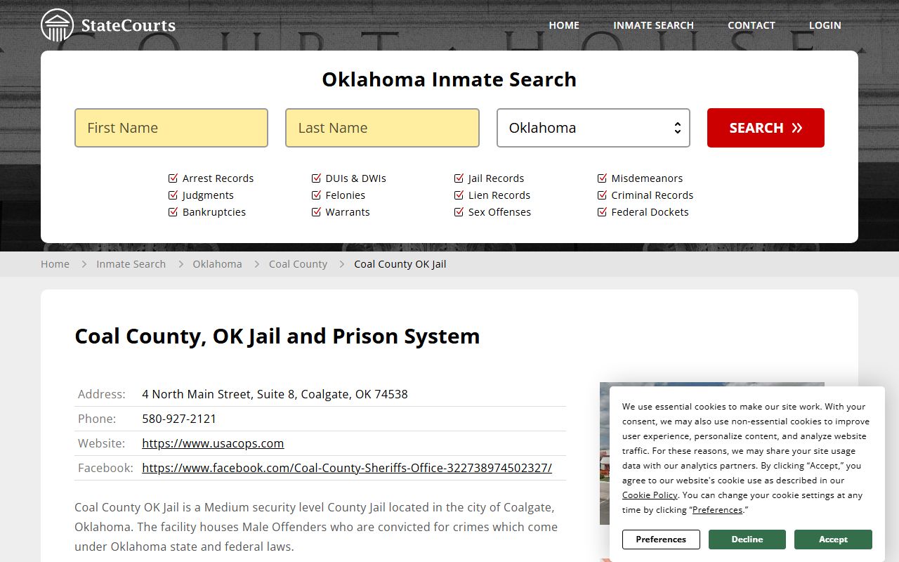 Coal County jail information and inmate services for released inmates