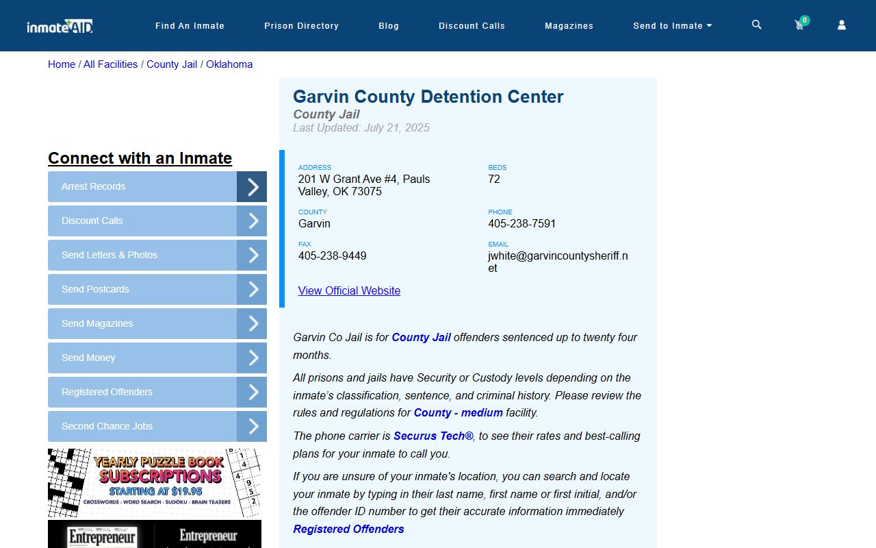 Garvin County Detention Center information