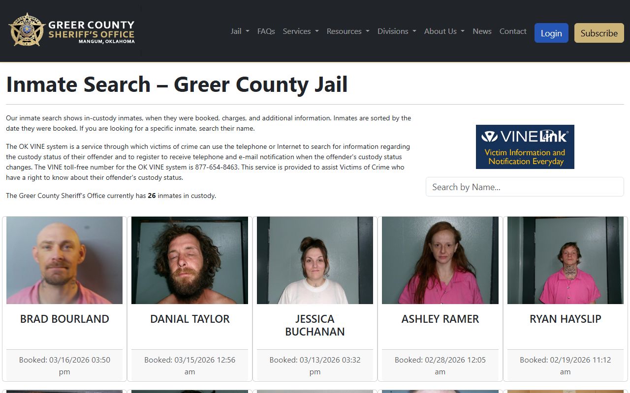 Greer County Sheriff inmate search page