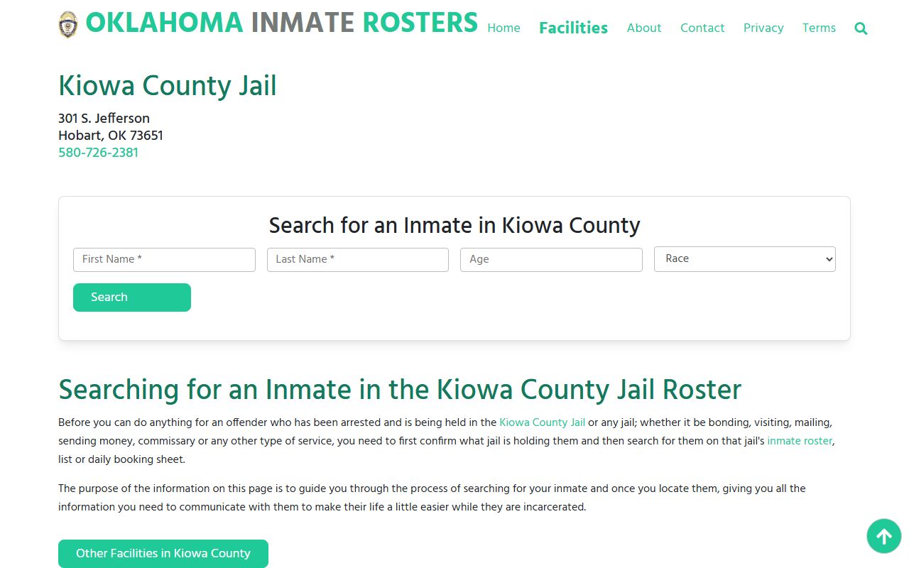 Kiowa County Jail roster on Oklahoma Inmate Rosters