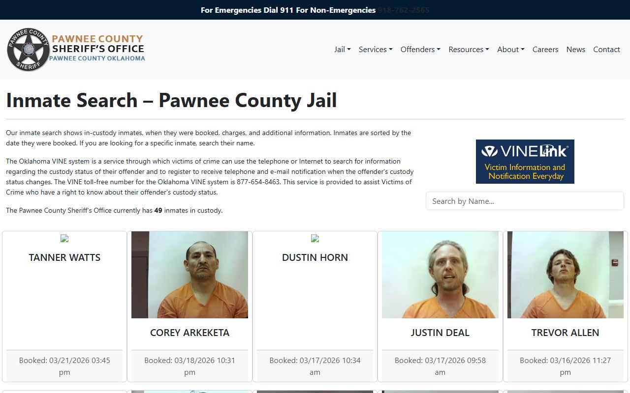 Pawnee County Sheriff inmate search portal